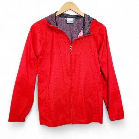 Columbia Red Ripstop Windbreaker Hoodie Jacket Youth Zip Up Outdoor Play Sport L - Picture 1 of 6